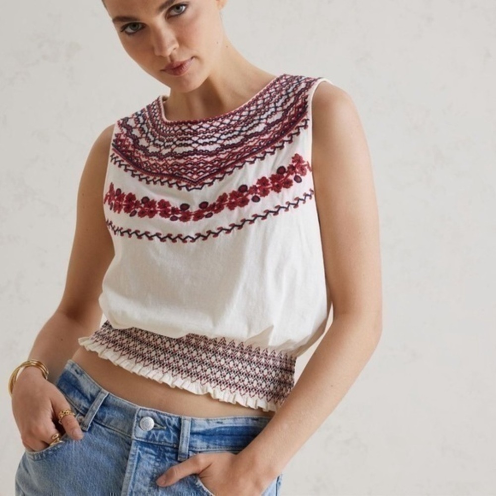 Anthropologie White and Red Embroidered Top